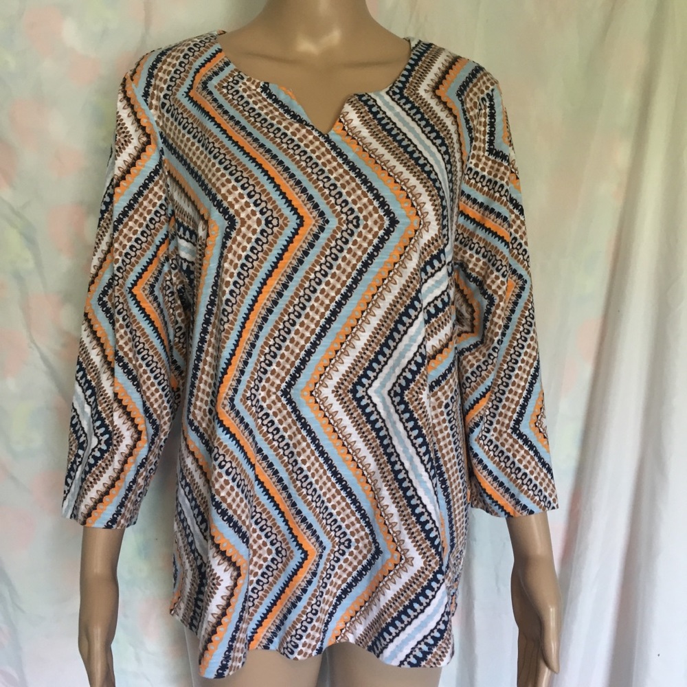 Chicos 2 Orange Brown Blue Striped Long Sleeve Top